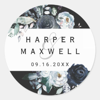 Boho White Navy Peony Watercolor Wedding Black Classic Round Sticker