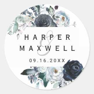Boho White Navy Peony Watercolor Wedding Classic Round Sticker