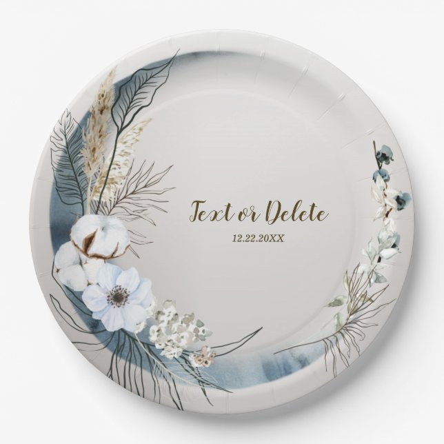 Boho White Orchid Flowers Blue Moon Elegant Party Paper Plate (Front)