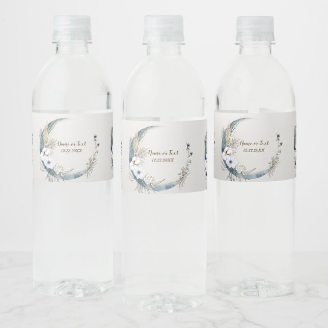 Boho White Orchid Flowers Blue Moon Elegant Party Water Bottle Label (Bottles)