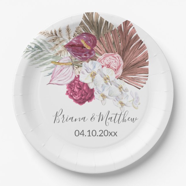 Boho White Orchids Burgundy Floral Wedding Paper Plate (Front)