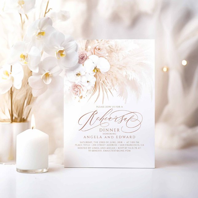 Boho White Orchids Pampas Grass Rehearsal Dinner Invitation (White Orchids Boho Rehearsal Dinner Invitations)