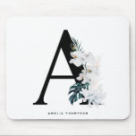 Boho White Orchids Tropical Letter A Monogram Mouse Pad<br><div class="desc">Add a boho and tropical accent to your space with this tropical monogram mousepad. It features watercolor white flowers, white coral and tropical leaves. This letter A monogram mousepad will be perfect as a gift.</div>