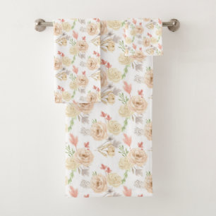 Boho White Peach Cream Floral Trendy Gift Bath Towel Set