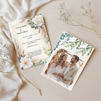 Boho White Rose Eucalyptus Gold Invitation