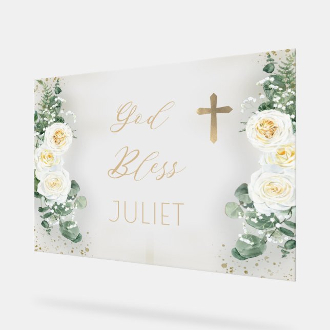 Boho White Rose Floral Eucalyptus Baptême Dieu bén (Angle)