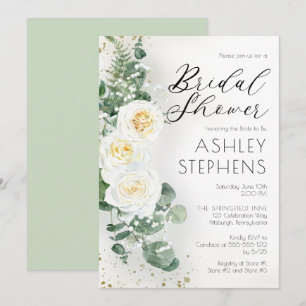Boho White Rose Floral   Eucalyptus Bridal Shower  Invitation