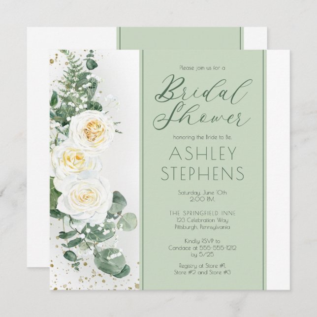 Boho White Rose Floral | Eucalyptus Bridal Shower  Invitation (Front/Back)