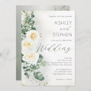 Boho White Rose Floral   Eucalyptus Wedding Invitation