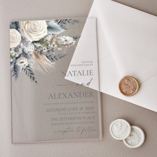 Boho White Rose Floral Flower Garden Wedding Acrylic Invitations (Creator Uploaded)