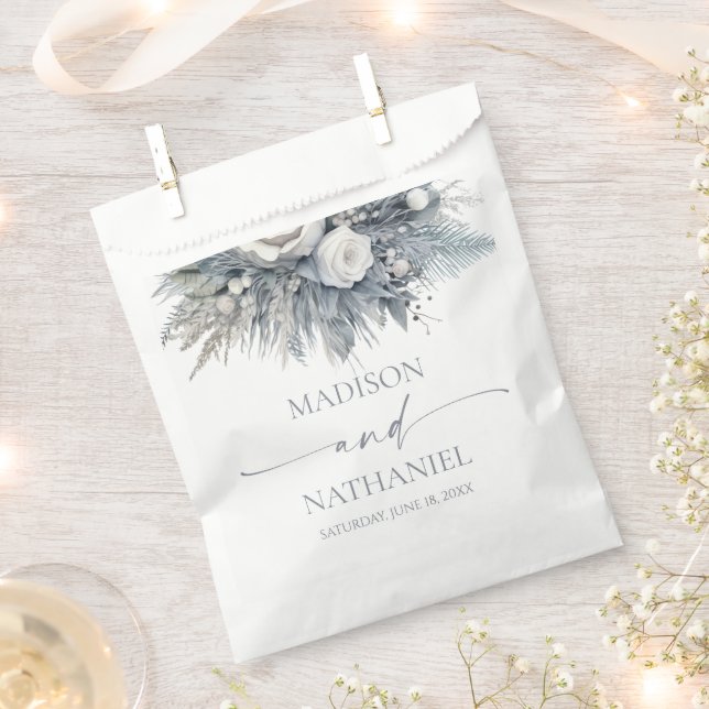 Boho White Rose Floral Flower Garden Wedding Favour Bag (Clipped)