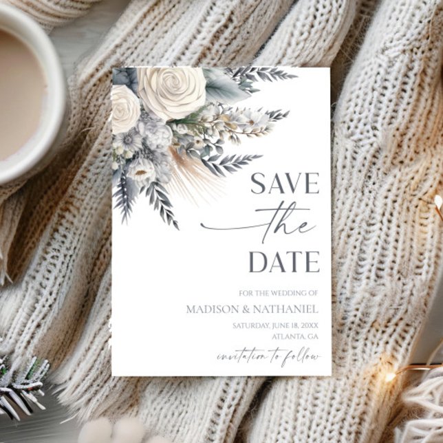 Boho White Rose Floral Flower Garden Wedding Save The Date (Creator Uploaded)