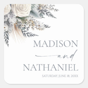 Boho White Rose Floral Flower Garden Wedding Square Sticker