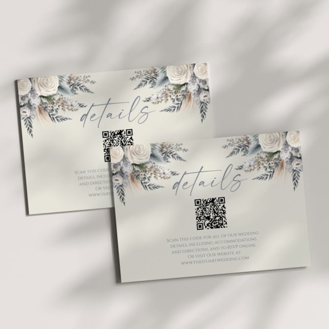 Boho White Rose Floral QR Code Wedding Details Enclosure Card (Creator Uploaded)