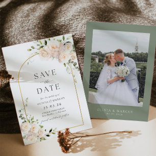 Boho White Rose Floral Sage Gold Arch Wedding Save The Date
