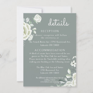 Boho White Roses and Sage Green Wedding Details  Card