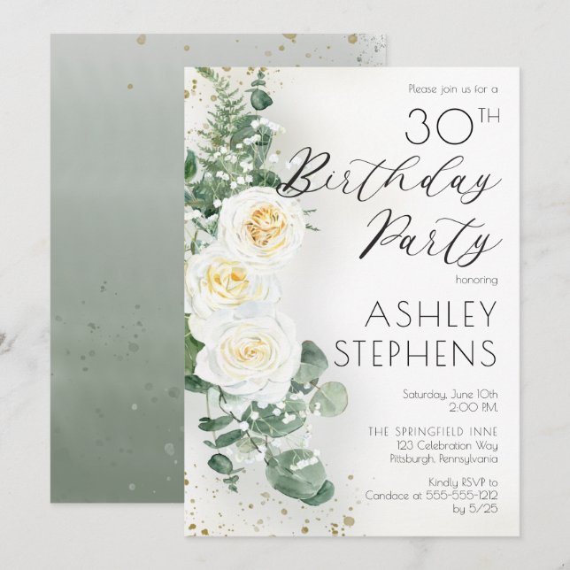 Boho White Roses Eucalyptus 30th Birthday Party Invitation (Front/Back)