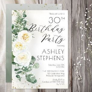 Boho White Roses Eucalyptus 30th Birthday Party Invitation