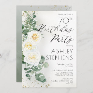 Boho White Roses Eucalyptus 70th Birthday Party  Invitation