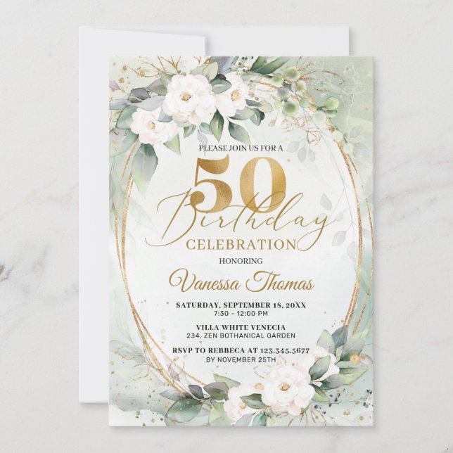 Boho White roses eucalyptus gold oval 50th  Invitation (Front)