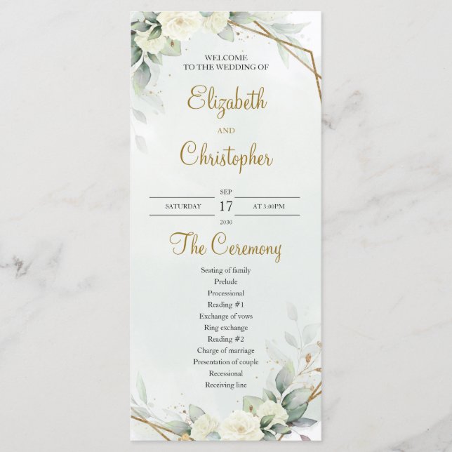 Boho White Roses Eucalyptus Greenery Gold Program (Front)