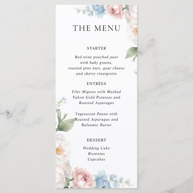 BOHO WHITE ROSES FLOWERS WEDDING DINNER MENU (Front)