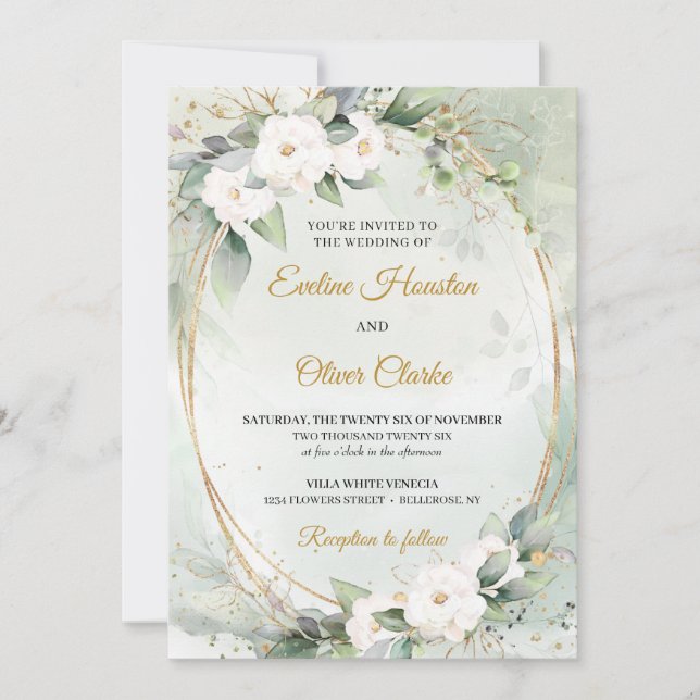 Boho White roses green eucalyptus faux gold oval Invitation (Front)