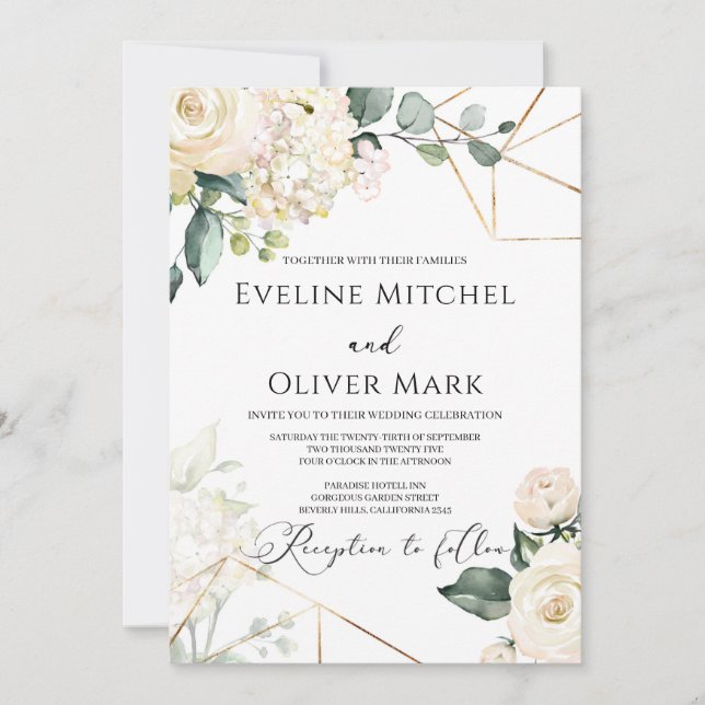 Boho white roses greenery eucalyptus gold wedding invitation (Front)