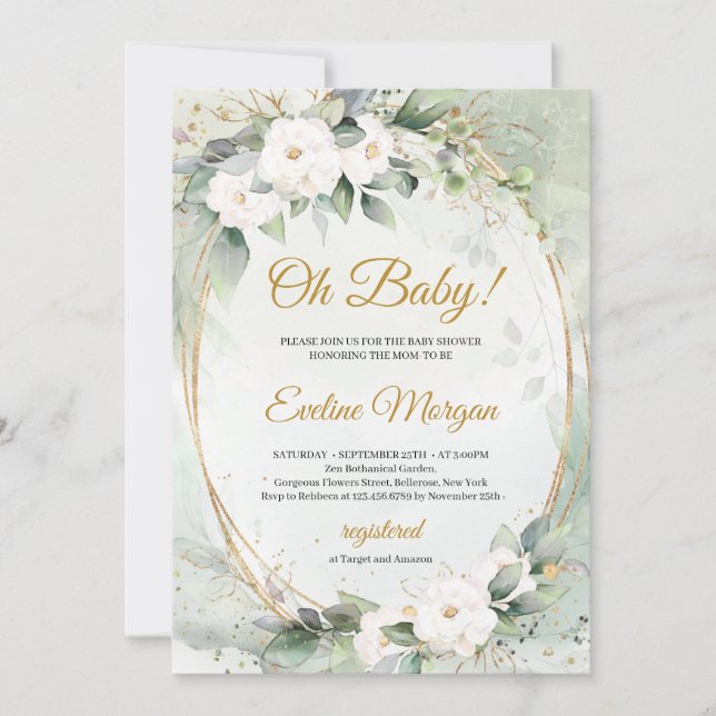  Boho white roses greenery foliage gold oval Baby Invitation (Front)
