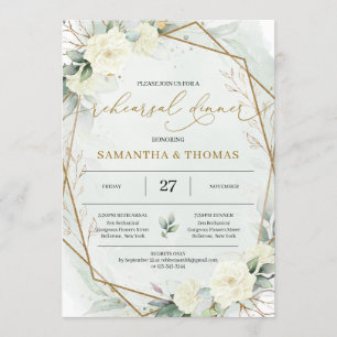 Boho White Roses Greenery Foliage Gold Rehearsal Invitation
