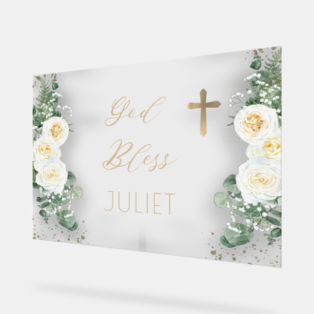 Boho WhiteRose Floral Eucalyptus Baptism God Bless Acrylic Sign (Angle)