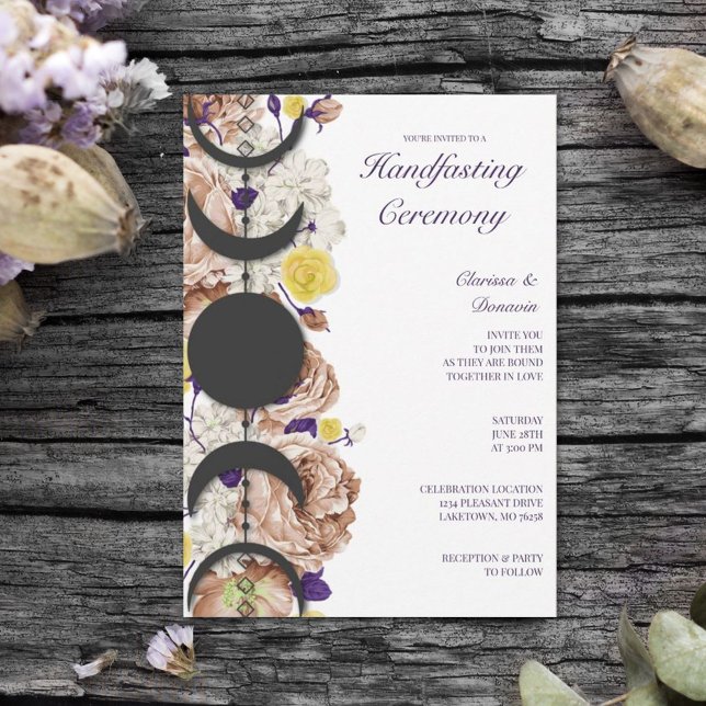 Boho Wiccan Floral Moon Phase Handfasting Invitation (Creator Uploaded)