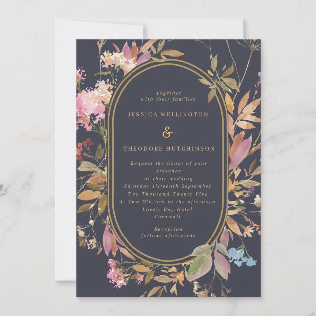 Boho Wild Flowers Mauve & Navy Gold Frame Wedding Invitation (Front)