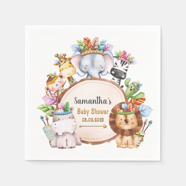 Boho Wild Giraffe Zebra Elephant Baby Shower Napkin (Front)