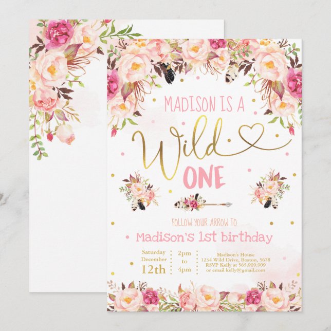 Boho Wild One Birthday Invitation Watercolor Boho (Front/Back)