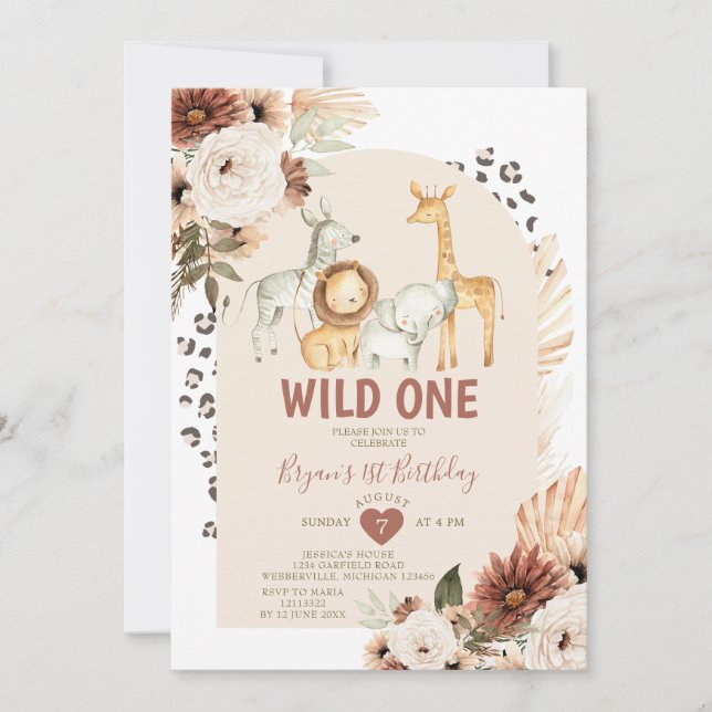 Boho Wild ONE Birthday Safari Animals Pampas Grass Invitation (Front)