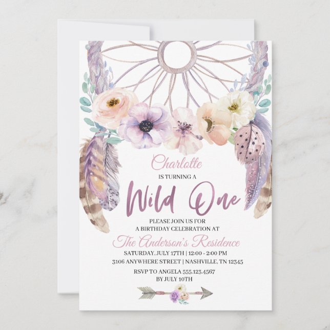 Boho Wild One Dreamcatcher Invitation d'anniversai (Devant)