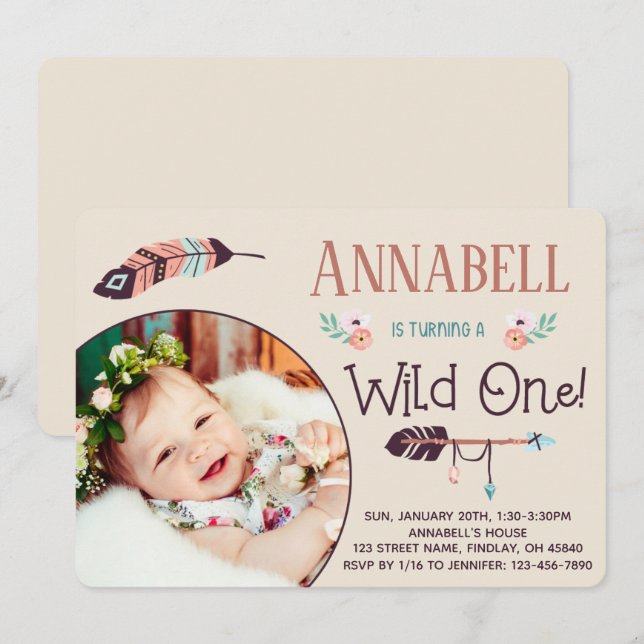 Boho Wild ONE Girly First Birthday Invitation (Front/Back)