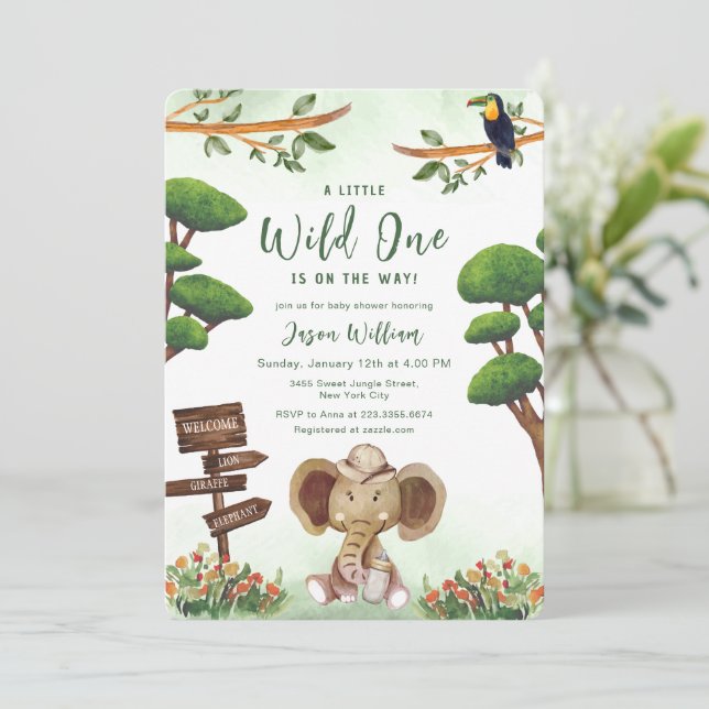 Boho Wild One Safari Elephant Boy Baby Shower  Invitation (Standing Front)