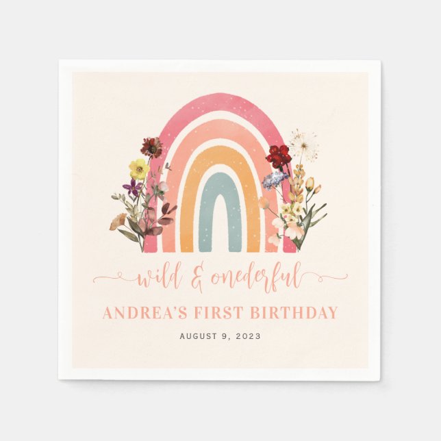 Boho Wild & Onederful Flower Rainbow 1st Birthday Napkin (Front)