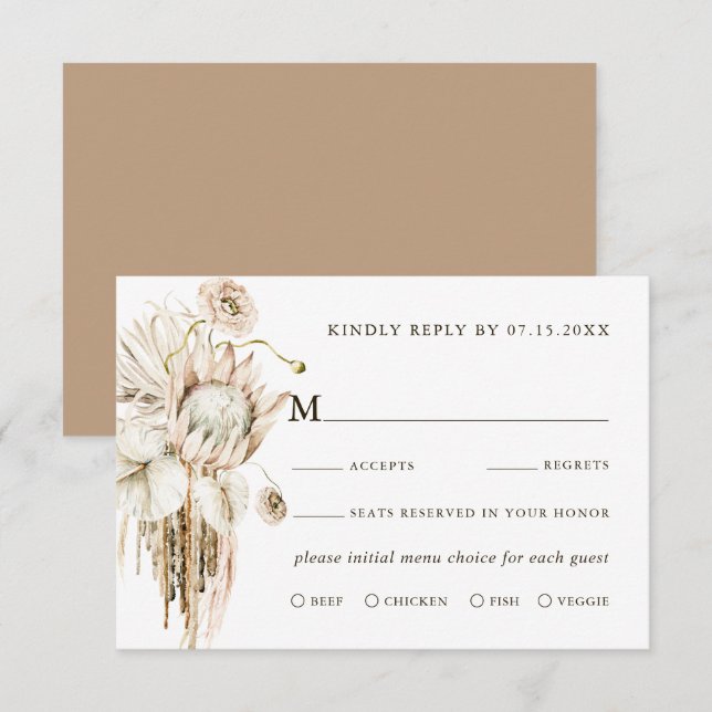 Boho Wild Protea Pampas Grass Floral Wedding RSVP (Devant / Derrière)