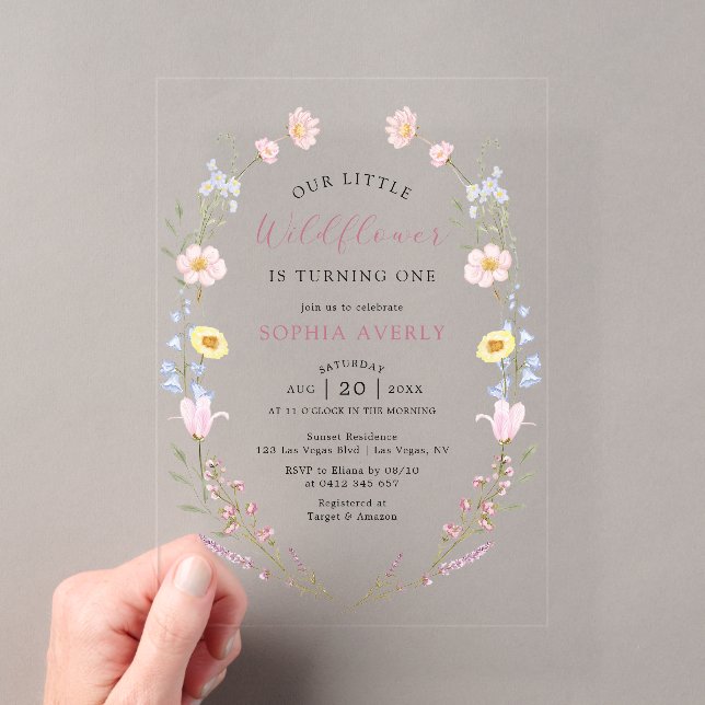 Boho Wildflower 1st Birthday Garden Acrylic Invitations (Insitu (Handheld))