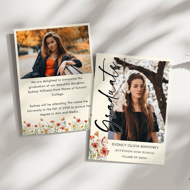 Boho Wildflower 2 Photos Graduation Announcement (Boho Watercolor Graduation Announcement – 2 Photo Collage, Wildflowers & Butterflies – Whimsical)