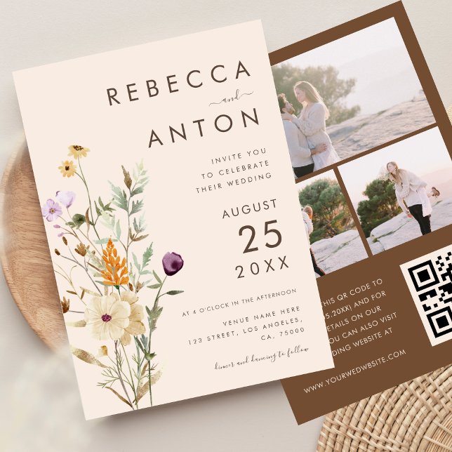 Boho Wildflower 3 Photo Collage QR Code Wedding Invitation (Creator Uploaded)