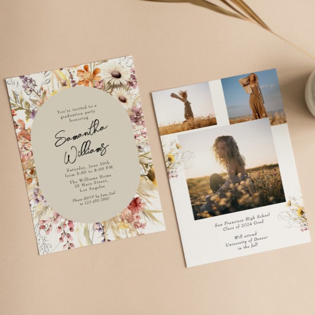 Boho Wildflower 3 Photo Graduation Party Invitation (Creator Uploaded)