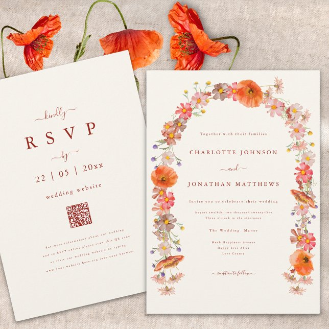 Boho Wildflower Arch Fall Wedding Invitation (Boho wildflower arch fall wedding invitation with burnt orange script and qr code)