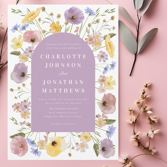 Boho Wildflower Arch Spring Wedding Invitation (Boho chic wildflower spring wedding invitation with purple pink yellow watercolor florals)