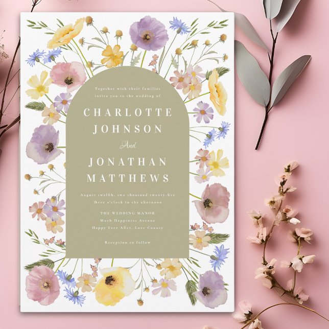 Boho Wildflower Arch Spring Wedding Invitation (Colorful wildflower boho spring wedding invitation with blue pink yellow purple and sage green arch )