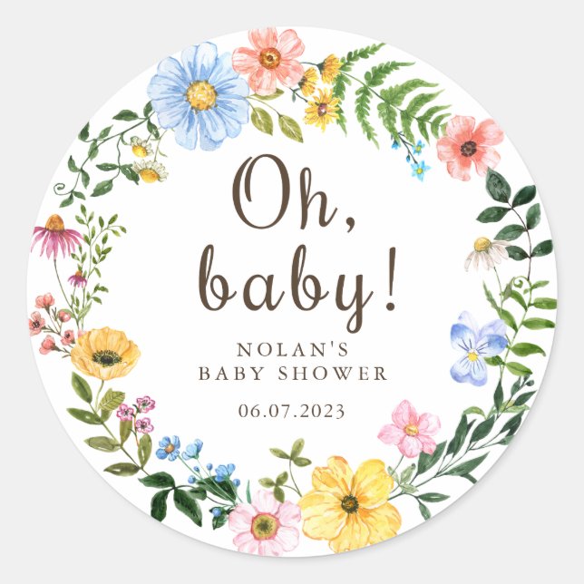 Boho Wildflower Baby Shower Sticker Favour Label (Front)