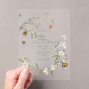 Boho Wildflower Bee Beige Bridal Shower Acrylic Invitations